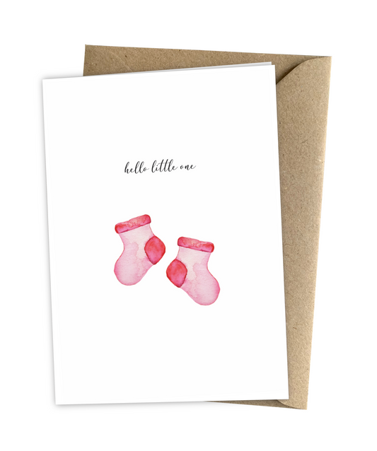 Karte zur Geburt rosa Socken hello little one